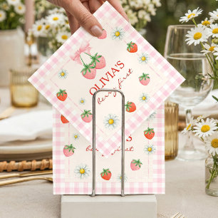 Berry First Birthday Strawberry and Pink Gingham Napkin