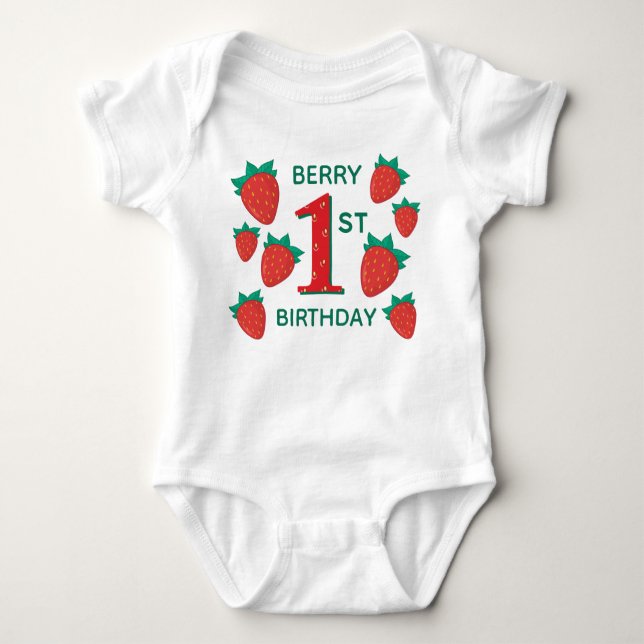Berry First Birthday Strawberry Baby Outfit Bodysuit (Front)