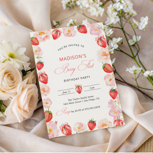 Berry First Birthday Strawberry Bow 1st Birthday Invitation