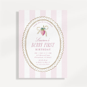 Berry First Birthday Strawberry Bow Pink Stripe  Invitation