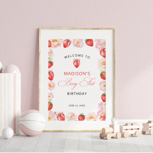 Berry First Birthday Strawberry Bow Welcome Poster