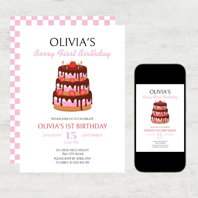 Berry First Birthday Strawberry Cake Birthday  Invitation (Creator Uploaded)