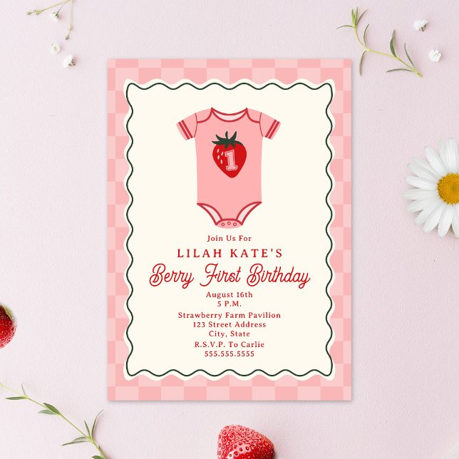 Berry First Birthday Strawberry Chequered Bodysuit Invitation (Creator Uploaded)