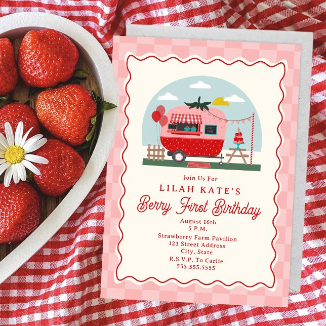 Berry First Birthday Strawberry Chequered Camper Invitation (Creator Uploaded)