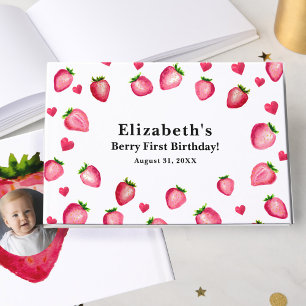 Berry First Birthday Strawberry Custom Photo Gold Guest Book
