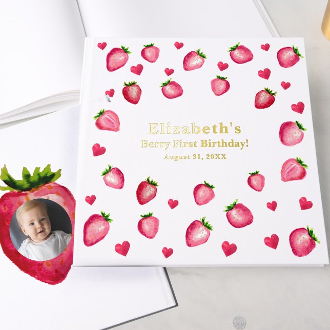 Berry First Birthday Strawberry Custom Photo Gold Guest Book (Creator Uploaded)