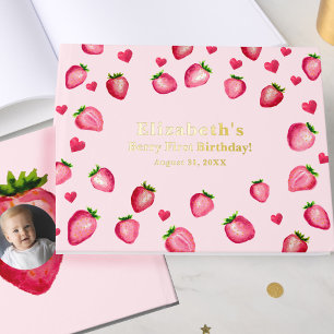Berry First Birthday Strawberry Custom Photo Gold Guest Book