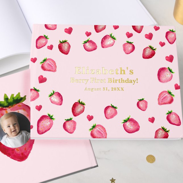 Berry First Birthday Strawberry Custom Photo Gold Guest Book (Creator Uploaded)
