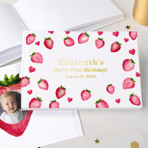 Berry First Birthday Strawberry Custom Photo Gold Guest Book