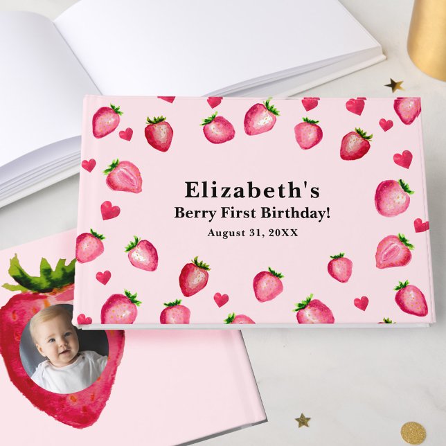 Berry First Birthday Strawberry Custom Photo Guest Book (Creator Uploaded)