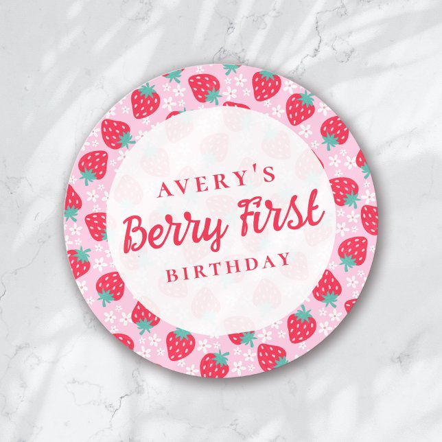 Berry First Birthday Strawberry Daisy Classic Round Sticker (Creator Uploaded)