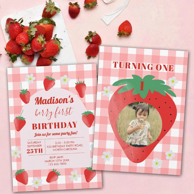 Berry First Birthday Strawberry First 1st Photo Invitation (Berry First Birthday Strawberry First 1st Photo)