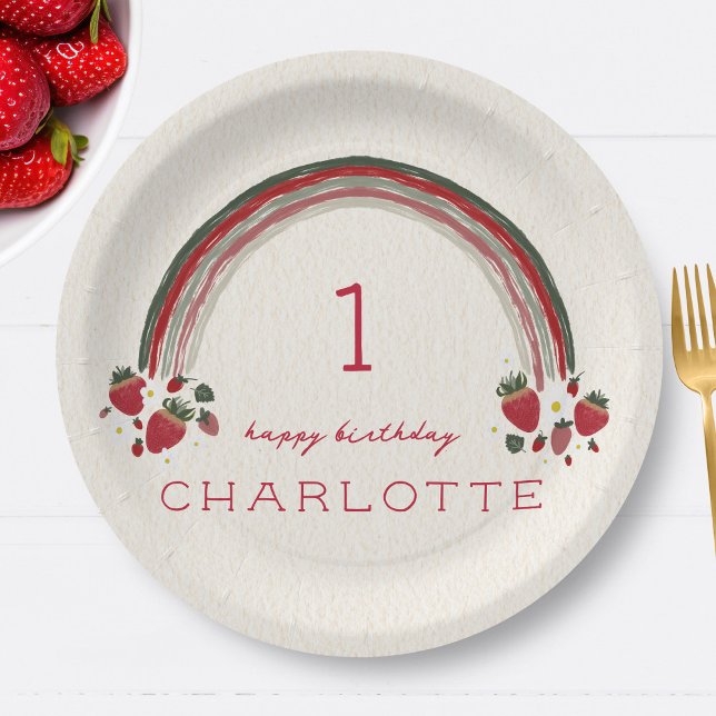Berry First Birthday Strawberry Floral Rainbow Paper Plate (Creator Uploaded)