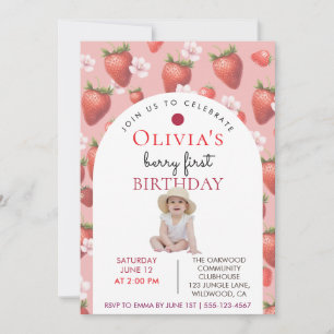 Berry First Birthday Strawberry Girl Photo Invitation