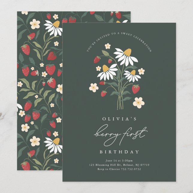 Berry First Birthday Strawberry Invitation (Front/Back)