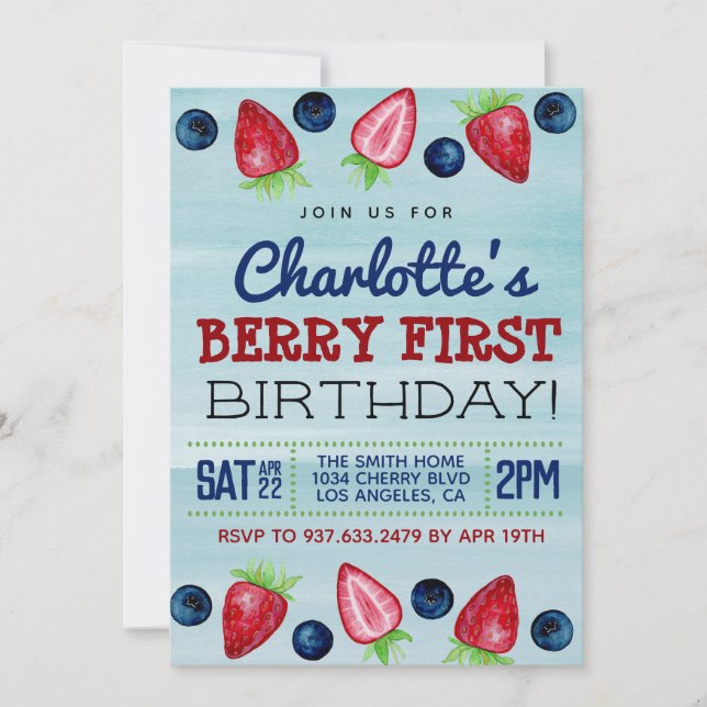 Berry First Birthday Strawberry Invitation (Front)