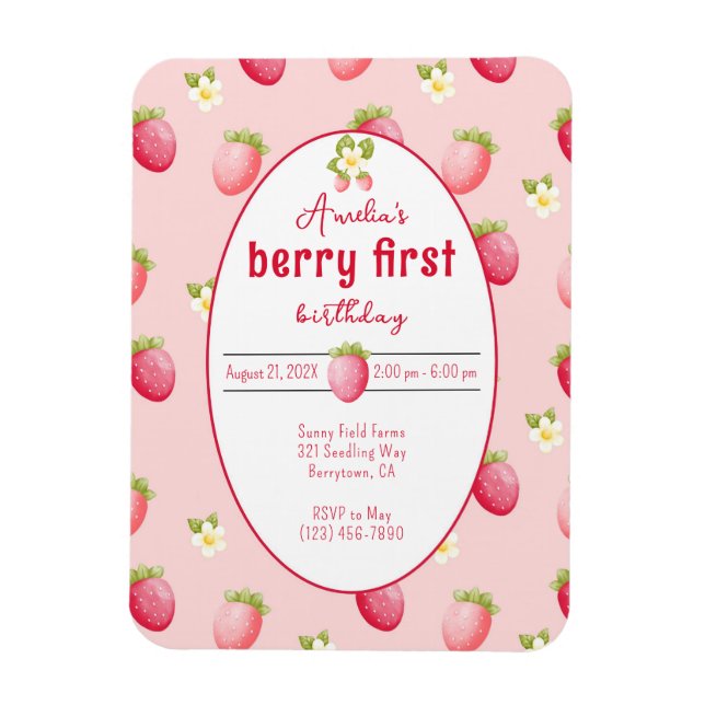 Berry First Birthday Strawberry Invitation Magnet (Vertical)