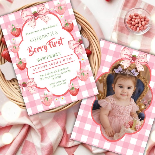 Berry First Birthday Strawberry photo Invitation (Creator Uploaded)