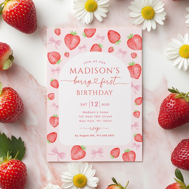 Berry First Birthday Strawberry Pink Bow Invitation (Creator Uploaded)