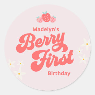 Berry First Birthday Strawberry Pink Classic Round Sticker