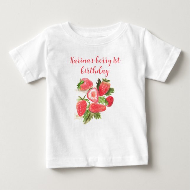 Berry First Birthday Strawberry Watercolor Girl  Baby T-Shirt (Front)