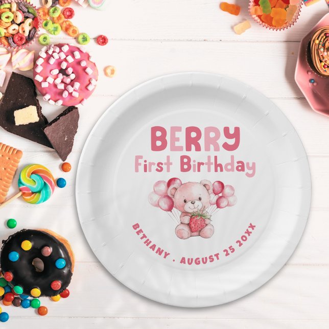 Berry First Birthday Teddy Bear Strawberry Pink Paper Plate (Creator Uploaded)
