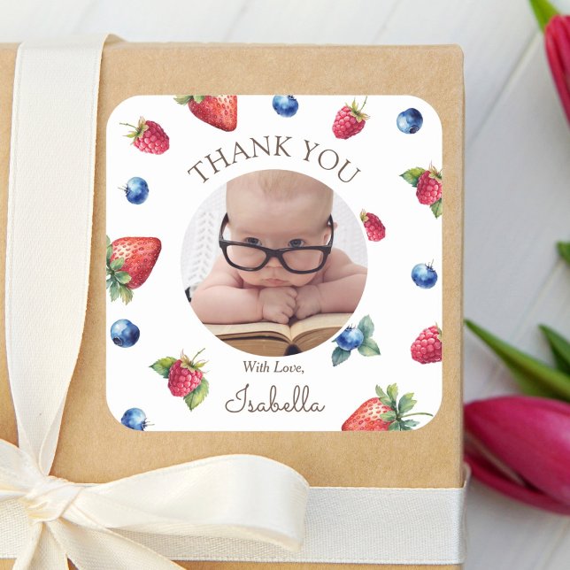 Berry First Birthday Thank You Photo Square Sticker (Creator Uploaded)