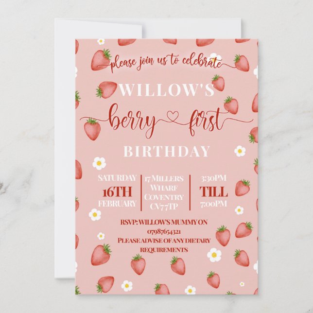 Berry First Birthday Themed Party Invitations (Front)