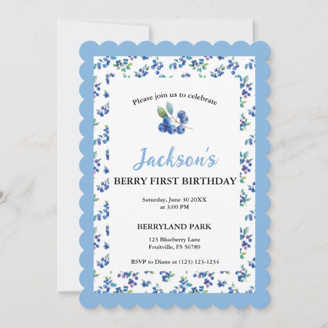 Berry First Birthday Watercolor Blueberry Invite (Front)