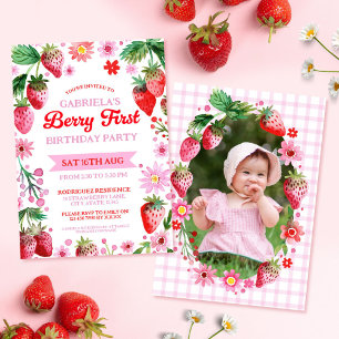 Berry First Birthday Watercolor Strawberries Photo Invitation