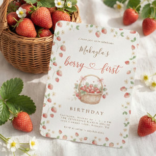 Berry First Birthday Watercolor Strawberry Girl Invitation
