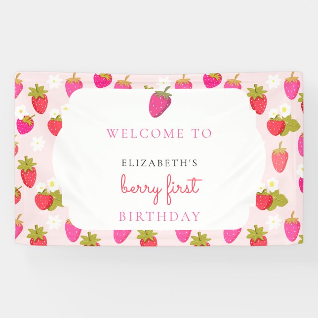 Berry First Birthday Welcome Strawberry Cute Banner (Horizontal)