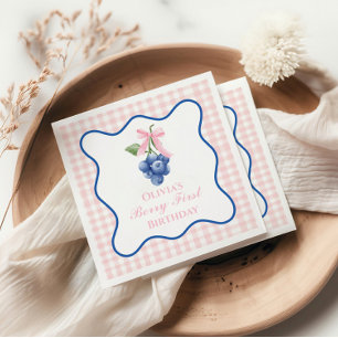 Berry first blueberry birthday Pink Bow Coquette Napkin
