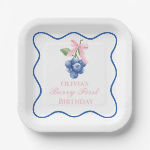Berry first blueberry birthday Pink Bow Coquette Paper Plate