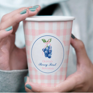 Berry First blueberry birthday Pink Bow Gingham Paper Cups