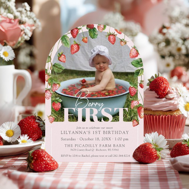 Berry First Boho Chic Photo 1st Birthday Party Invitation (Cute Berry First watercolor strawberry sweet one arch photo pink girl 1st birthday party invitation)
