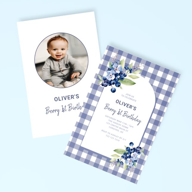 Berry First Boys Photo Blue 1st Birthday Invitation (Creator Uploaded)