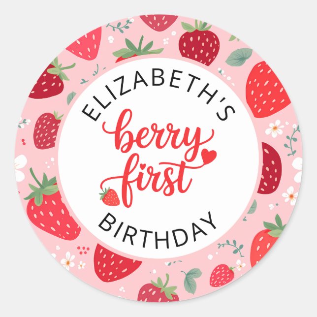 Berry First Cute 1st Birthday Strawberry Girl's Classic Round Sticker (Front)