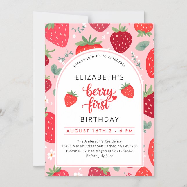 Berry First Cute 1st Birthday Strawberry Girl's Magnetic Invitation (Front)