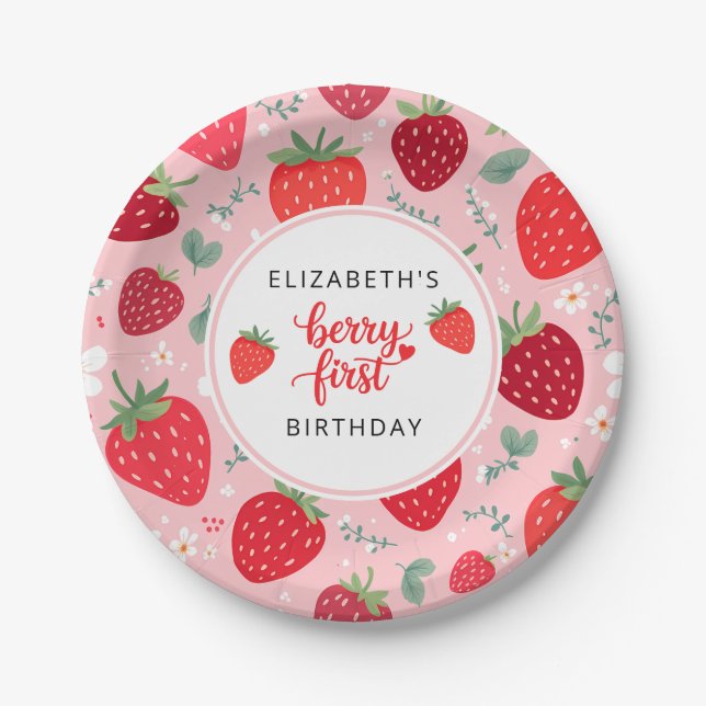 Berry First Cute 1st Birthday Strawberry Girl's Paper Plate (Front)