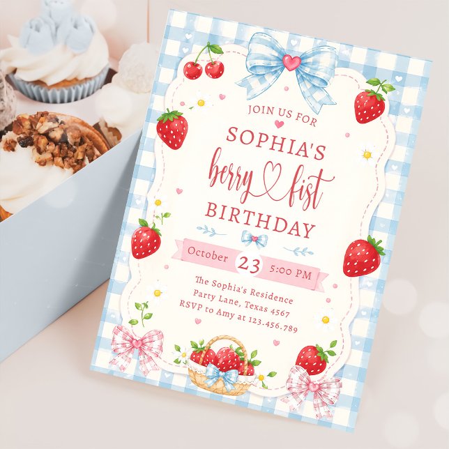Berry First Cute 1st Birthday Strawberry  Invitation (Creator Uploaded)