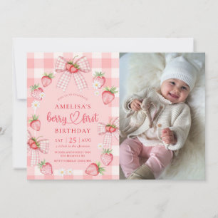 Berry First Cute 1st Birthday Strawberry Photo Invitation