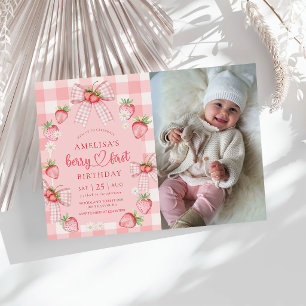 Berry First Cute 1st Birthday Strawberry Photo Invitation
