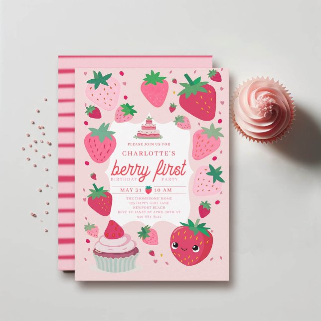 Berry First Cute Strawberry Frame Red 1st Birthday Invitation (berry first birthday invitation 1st party girl pink red watercolor strawberries cute frame)