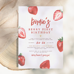 Berry First Cute Strawberry Girl 1st Birthday Invitation