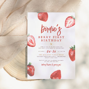 Berry First   Cute Strawberry Girl 1st Birthday Invitation