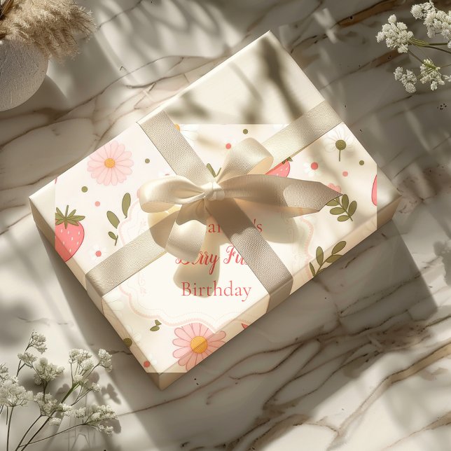 Berry First | Cute Strawberry Girl 1st Birthday Wrapping Paper (Creator Uploaded)