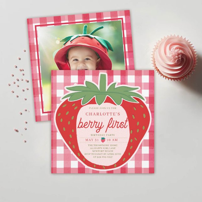 Berry First Giant Strawberry Photo 1st Birthday Invitation (berry first birthday party 1st girl strawberry red pink watercolor spring summer photo invitation)