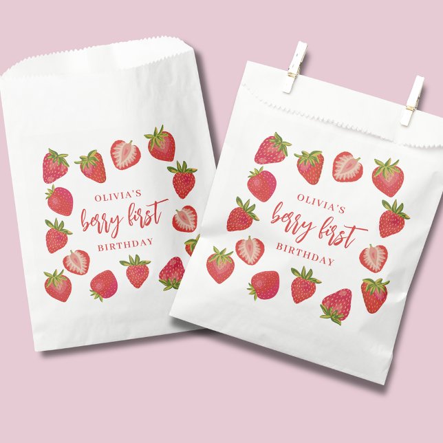 Berry First Girls strawberry Personalised Birthday Favour Bags (Personalised Berry First Strawberry Birthday favor bag, ideal for girls birthday part)