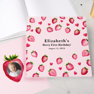 Berry First Pink Birthday Strawberry Custom Photo Guest Book